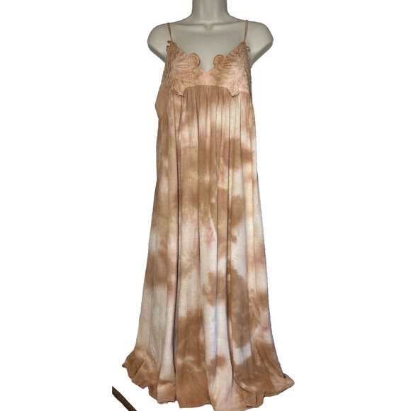 Zara Womens Sz M Embroidered Knit Tie Dye Maxi Dress Beige Boho Cottagecore - Picture 1 of 6